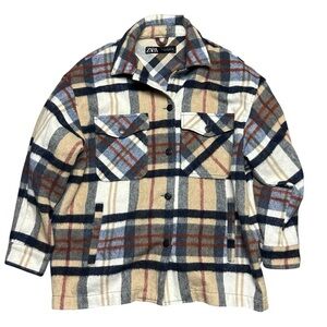 Zara Womens Shirt Medium Blue Tan Jacket Shacket Plaid Wool Blend Oversized Top